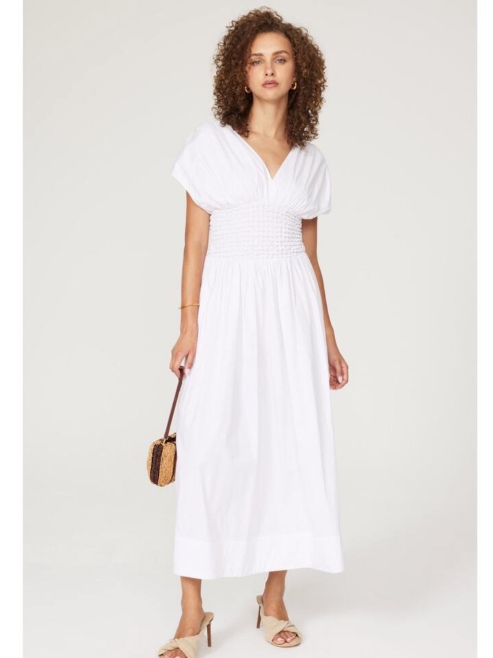 STAUD Jackson White Smocked Cotton Poplin V-Neck A-Line Midi Dress XL